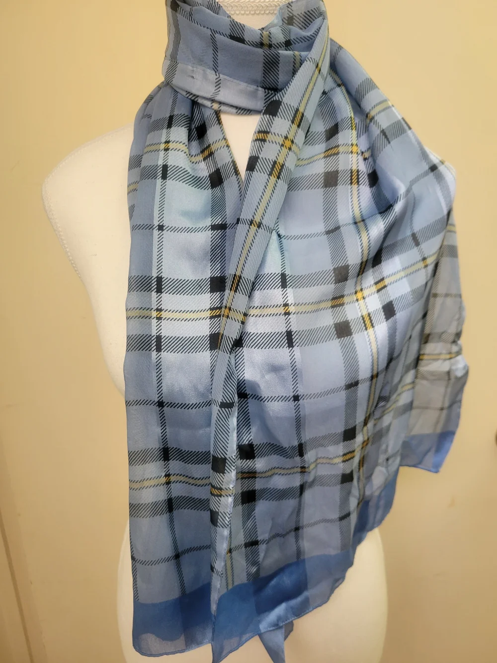 Vintage Silk Scarf Women Blues Check Pattern Natural Fiber Stylish